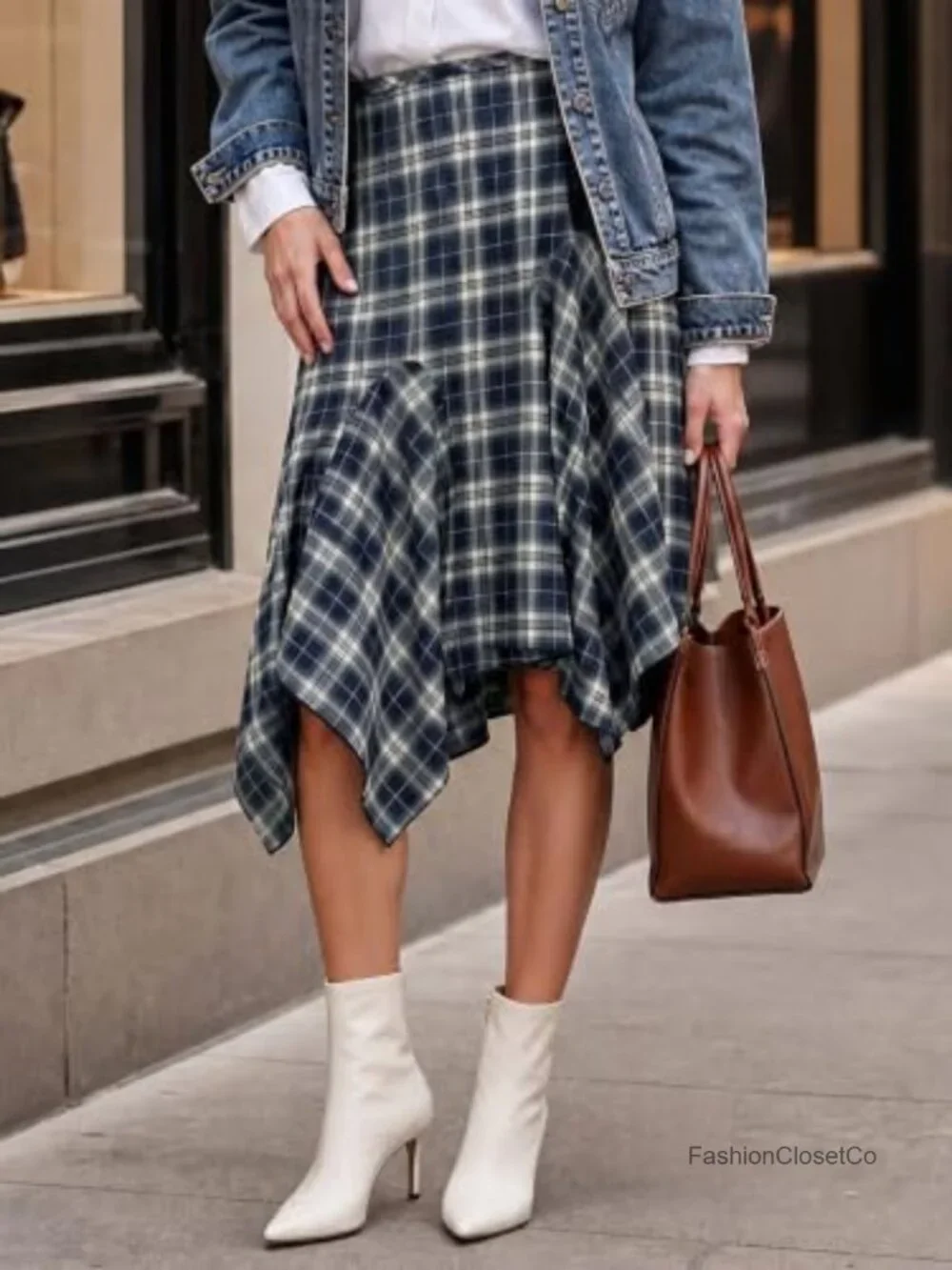Y2K Plaid Midi Skirt, Low Waist Asymmetrical Flowy A-Line, Grunge 90s Style